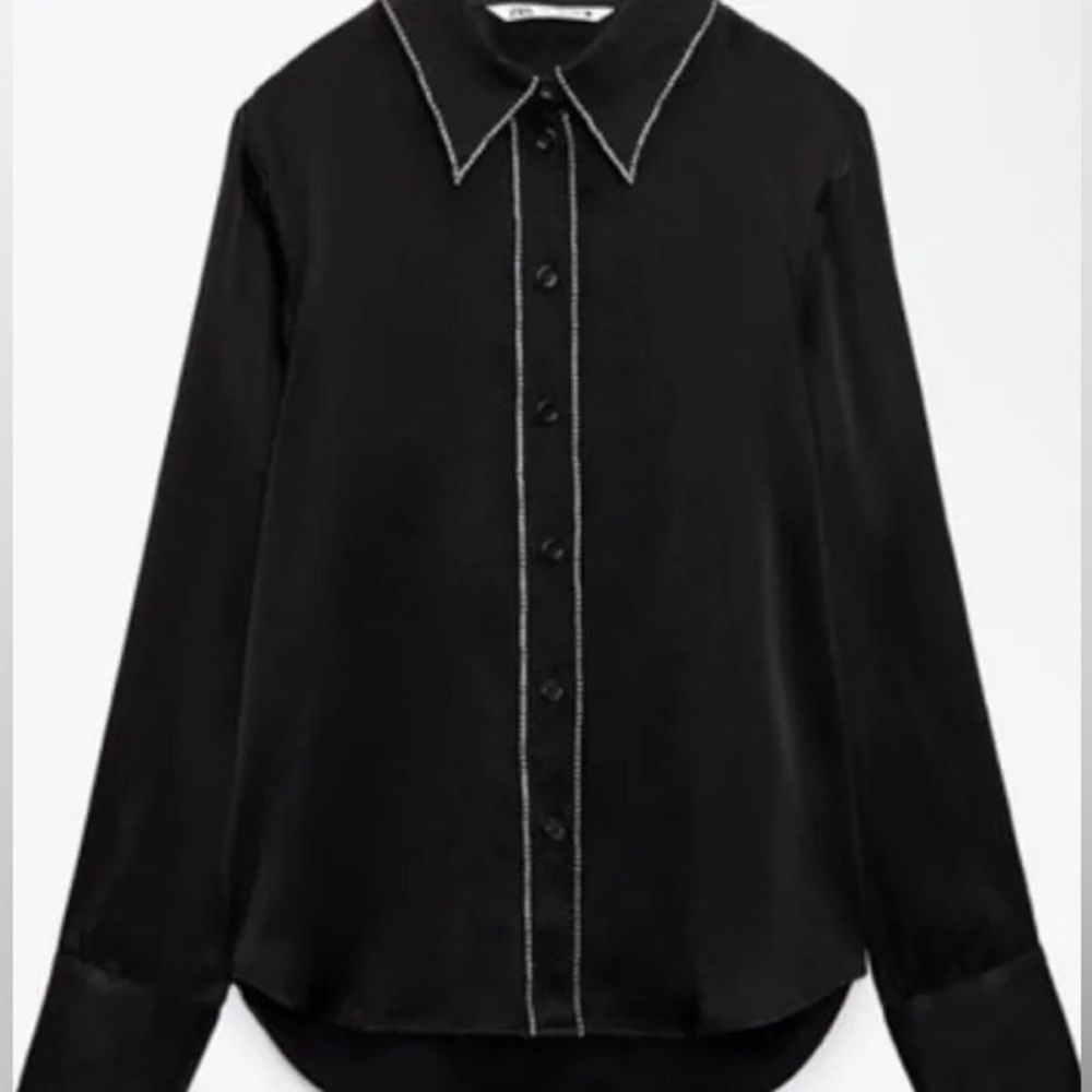 Zara Satin Effect Rhinestone Trim Blouse - Very Gently Used - size Small - Picture 2 of 8